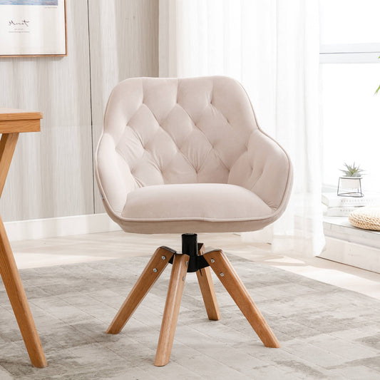 Swivel Armchair, Mid Century Velvet Accent Chair, Upholstered Reading Chair, Cute Writing Desk Chair, Kitchen Dining Chair, for Home Office Living Room Bedroom, Beige