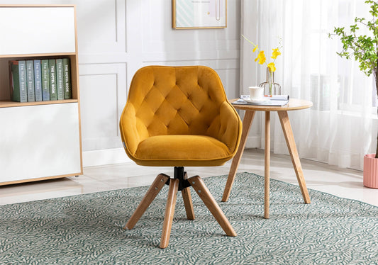 Swivel Armchair, Mid Century Velvet Accent Chair, Upholstered Reading Chair, Cute Writing Desk Chair, Kitchen Dining Chair, for Home Office Living Room Bedroom, Mustard Yellow
