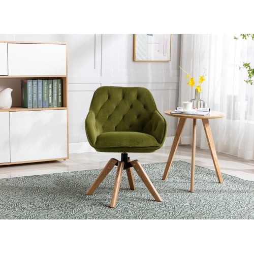 Swivel Armchair, Mid Century Velvet Accent Chair, Upholstered Reading Chair, Cute Writing Desk Chair, Kitchen Dining Chair, for Home Office Living Room Bedroom, Olive