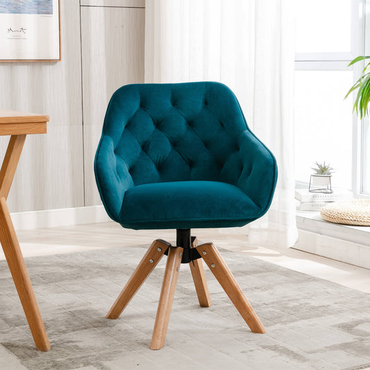 Swivel Armchair, Mid Century Velvet Accent Chair, Upholstered Reading Chair, Cute Writing Desk Chair, Kitchen Dining Chair, for Home Office Living Room Bedroom, Teal