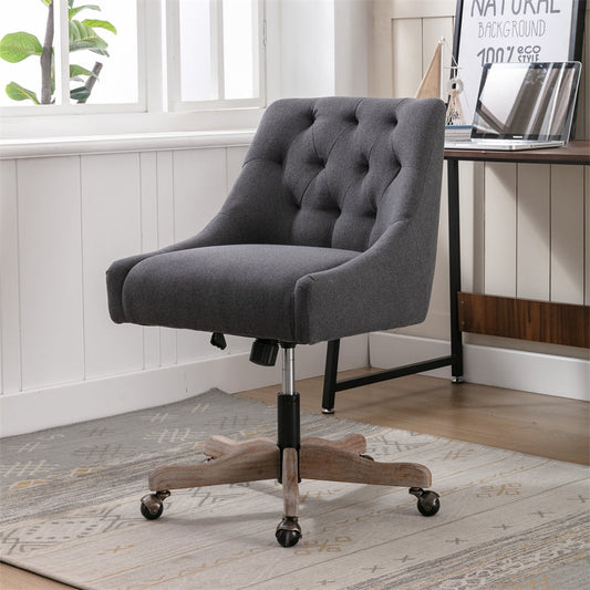 Swivel Home Office Chair with Height Adjustable and Universal Wheel, Linen Upholstered Computer Chair with Wood Legs Support, Comfy Task Chair Vanity Chair for Living Room, Charcoal grey