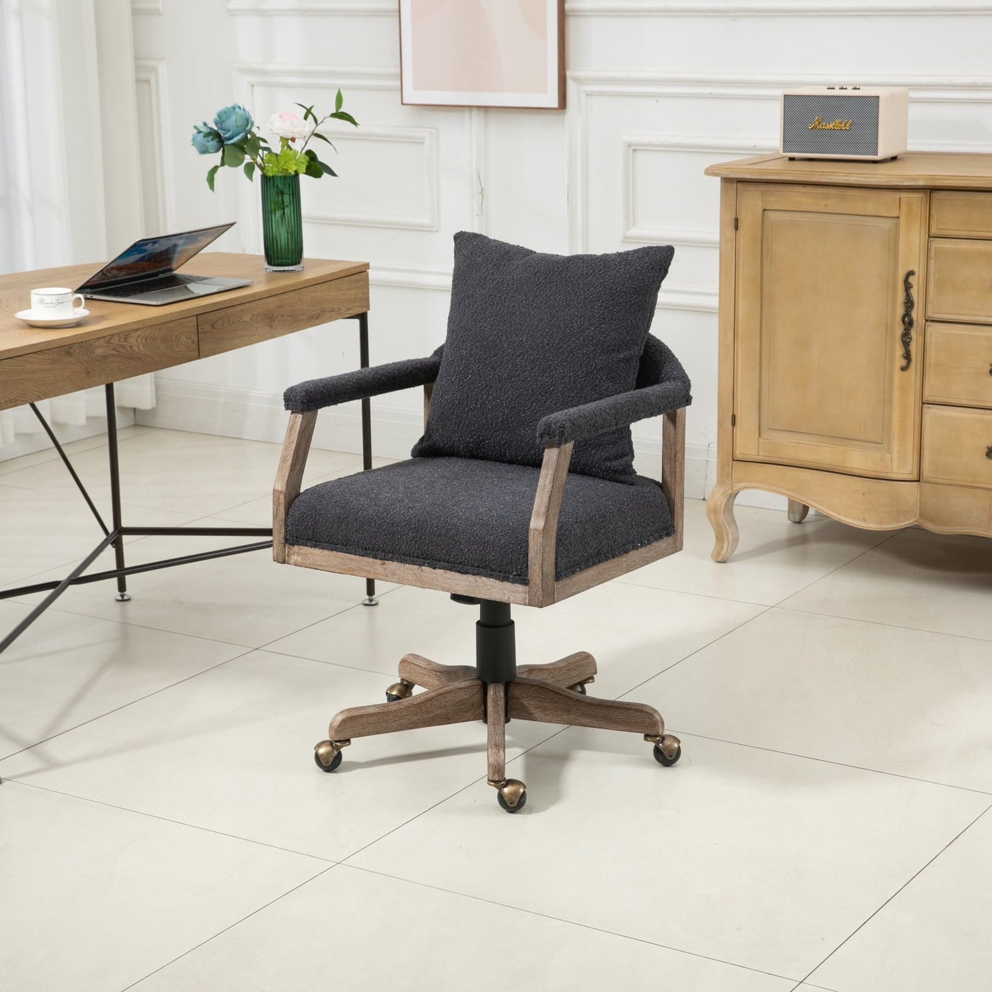 Swivel Home Office Chair, Upholstered Computer Desk Chair with Wood Frame, Adjustable Height Ergonomic Chair for Office, Home, Black.