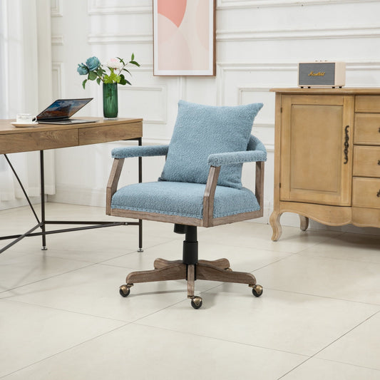 Swivel Home Office Chair, Upholstered Computer Desk Chair with Wood Frame, Adjustable Height Ergonomic Chair for Office, Home, Blue.