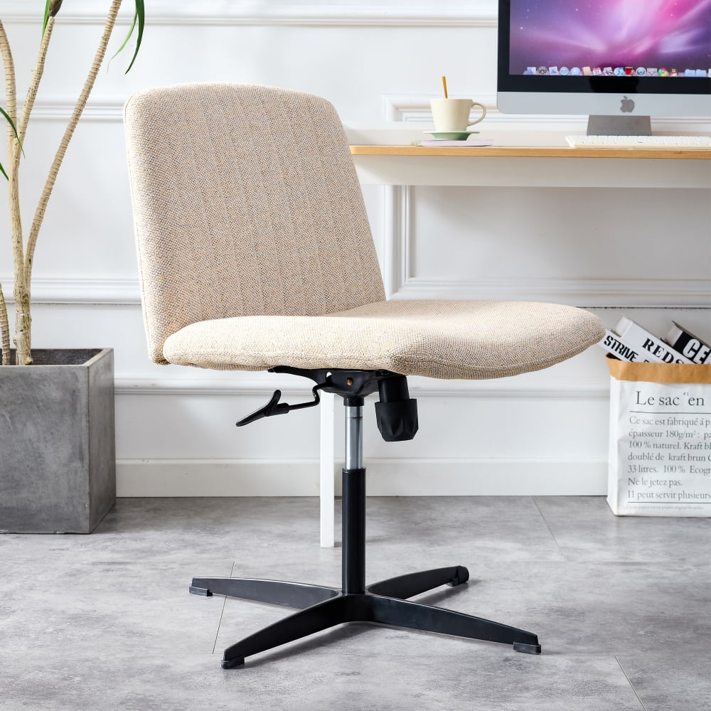 Swivel Office Chair, Computer Task Chair Armless Elastic Recliner Swivel Vanity Chair with Anti-slip Feet Pad, Height Adjustable Makeup Chair Study Chair for Dining Room, No Wheels, Beige-Fabric