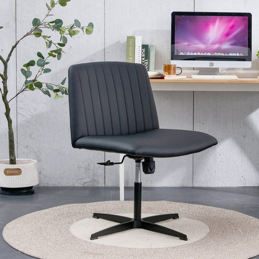 Swivel Office Chair, Computer Task Chair Armless Elastic Recliner Swivel Vanity Chair with Anti-slip Feet Pad, Height Adjustable Makeup Chair Study Chair for Dining Room, No Wheels, Black-PU