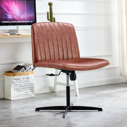 Swivel Office Chair, Computer Task Chair Armless Elastic Recliner Swivel Vanity Chair with Anti-slip Feet Pad, Height Adjustable Makeup Chair Study Chair for Dining Room, No Wheels, Brown-PU