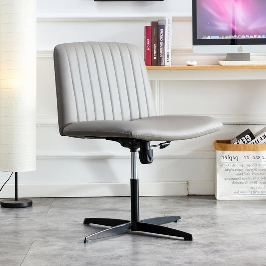 Swivel Office Chair, Computer Task Chair Armless Elastic Recliner Swivel Vanity Chair with Anti-slip Feet Pad, Height Adjustable Makeup Chair Study Chair for Dining Room, No Wheels, Gray-PU