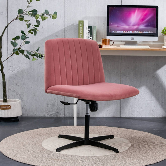 Swivel Office Chair, Computer Task Chair Armless Elastic Recliner Swivel Vanity Chair with Anti-slip Feet Pad, Height Adjustable Makeup Chair Study Chair for Dining Room, No Wheels, Pink-Velvet