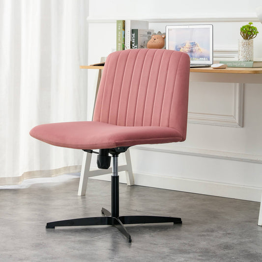 Swivel Office Chair, Height Adjustable Home Computer Desk Chair with Metal Base & No Wheels, Modern Velvet Upholstered Armless Vanity Chair Task Chair for Living Room Bedroom Office, Pink