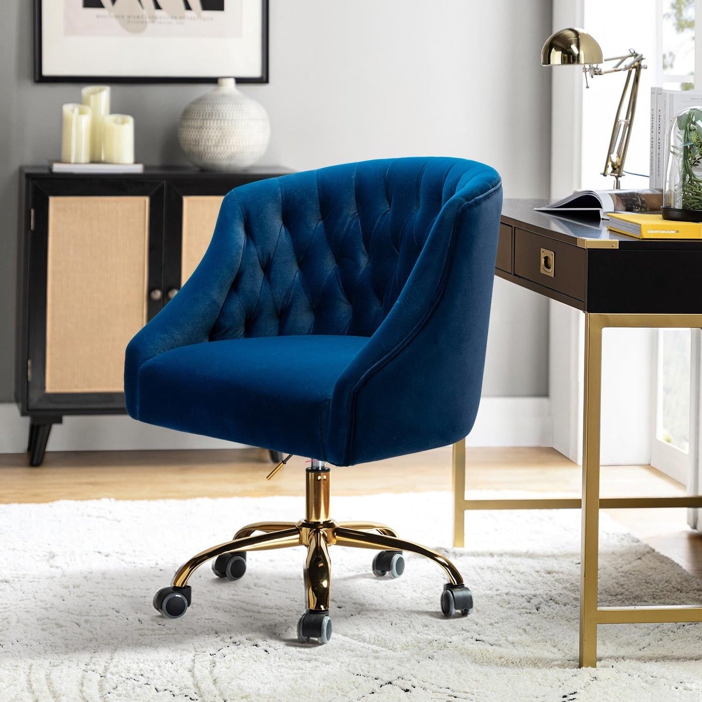 Swivel Office Task Chair Swivel Rolling Computer Velvet Fabric Gold Legs Makeup Vanity Chairs Adult Office Navy