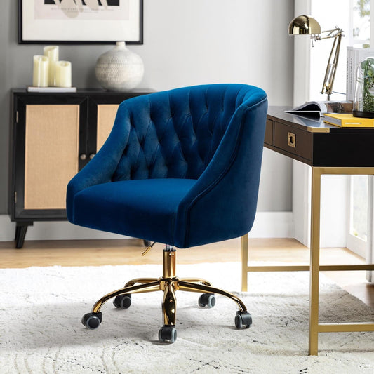 Swivel Office Task Chair Swivel Rolling Computer Velvet Fabric Gold Legs Makeup Vanity Chairs Adult Office Navy