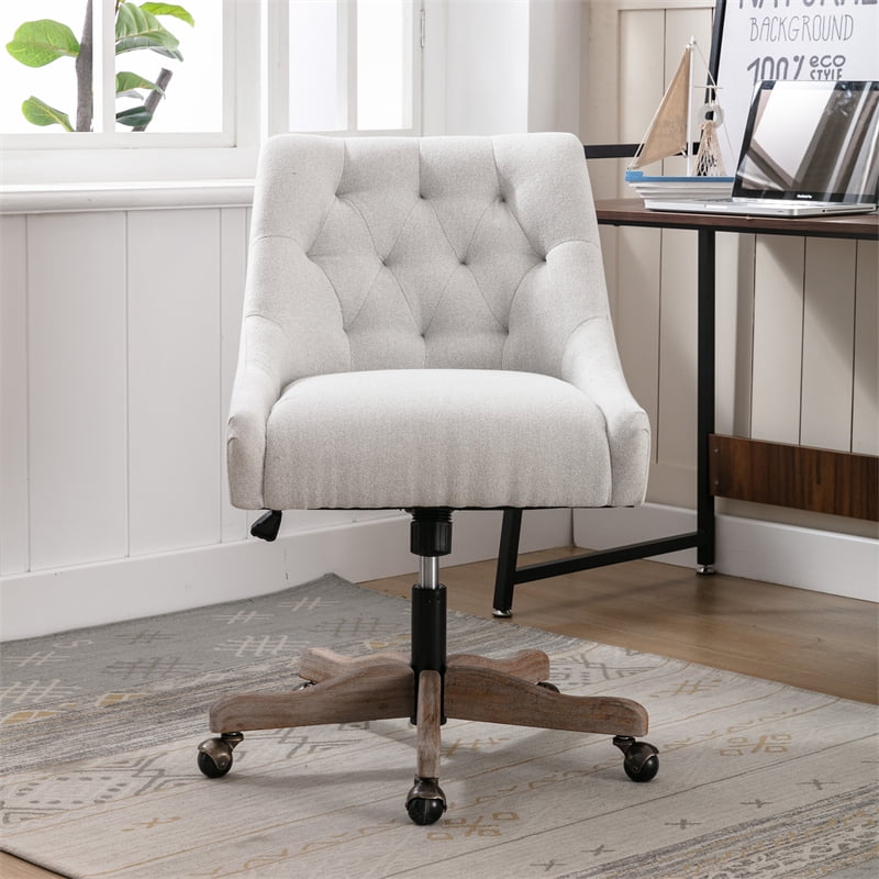Swivel Shell Chair, Modern Tufted Linen Upholstered Swivel Task Chair with Wood Base and Wheels, Height Adjustable Work Chair Leisure Shell Vanity Chair for Bedroom Living Room, Beige