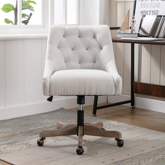 Swivel Shell Chair, Modern Tufted Linen Upholstered Swivel Task Chair with Wood Base and Wheels, Height Adjustable Work Chair Leisure Shell Vanity Chair for Bedroom Living Room, Beige