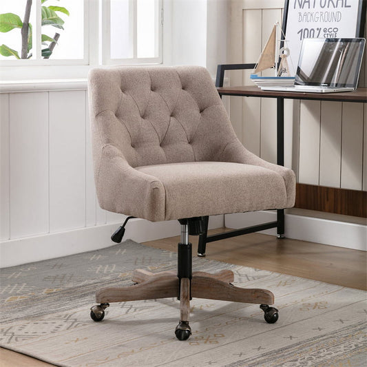 Swivel Shell Chair, Modern Tufted Linen Upholstered Swivel Task Chair with Wood Base and Wheels, Height Adjustable Work Chair Leisure Shell Vanity Chair for Bedroom Living Room, Brown
