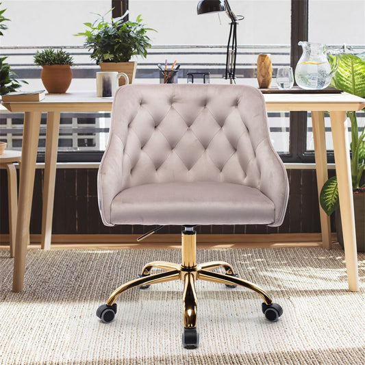 Swivel Shell Office Chair Shell Shape, Modern Velvet Tufted Upholstered Desk Chair with Tufted Back and Gold Base, Adjustable Height Task Chair with Wheels for Living Room Bedroom Office, Gray