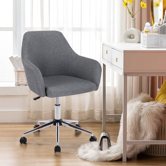 Syngar Accent Chair for Living Room, Linen Fabric Vanity Chair for Makeup Room, Modern Height Adjustable Office Chair with 360 Degree Swivel, Comfy Upholstered Armchair with Soft Backrest, Gray