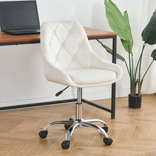 Vanity Chair, Modern Velvet Fabric Office Chair, 360¡ã Swivel Task Chair, Height Adjustable Leisure Chair, Comfy Upholstered Accent Chair for Bedroom Living Room Makeup Room, White, D4347