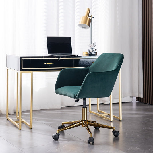 Velvet Fabric Armchair, SYNGAR Modern Height Adjustable Office Chair, 360¡ã Swivel Accent Chair, Comfy Upholstered Vanity Chair with Soft Arm and Back, Task Chair for Home Office, Retro Green, D4402