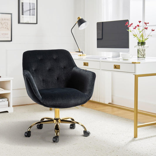 Velvet Tufted Office Chair Upholstered Swivel Modern Adjustable Armchair Metal Base Home Bedroom Black