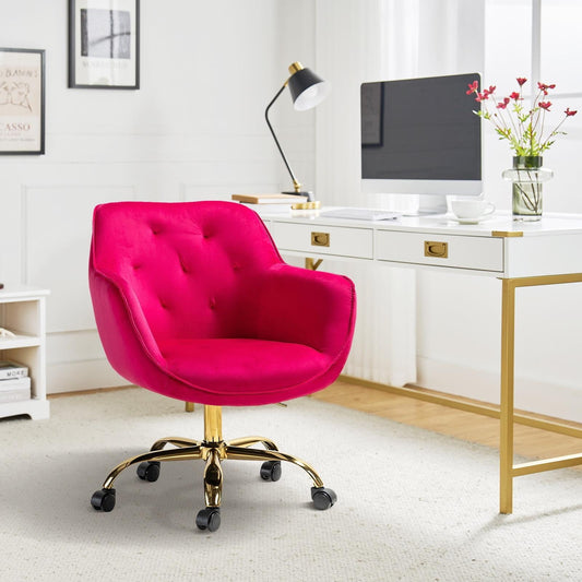 Velvet Tufted Office Chair Upholstered Swivel Modern Adjustable Armchair Metal Base Home Bedroom Fushia