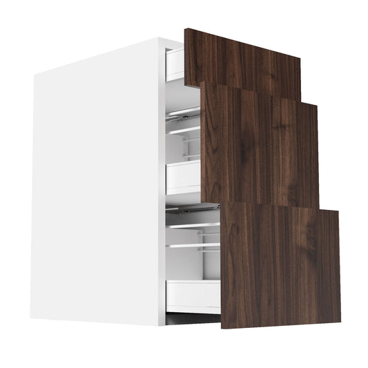 RTA - Walnut - Three Drawer Base Cabinets | 18"W x 34.5"H x 24"D