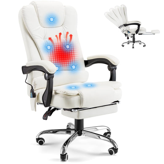 YODOLLA 7 Points Massage Office Chair with Heat Ergonomic Reclining Computer Chair High Back Desk Chair w/Retractable Footrest Ergonomic Leather Office Chair£¬Cream White