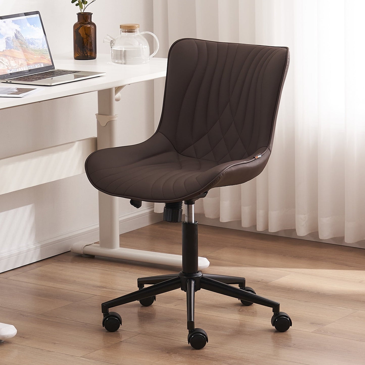 YOUNIKE Modern Office Chair with Wheels Adjustable Ergonomic Desk Task Chair in Mid-Back Brown PU Design