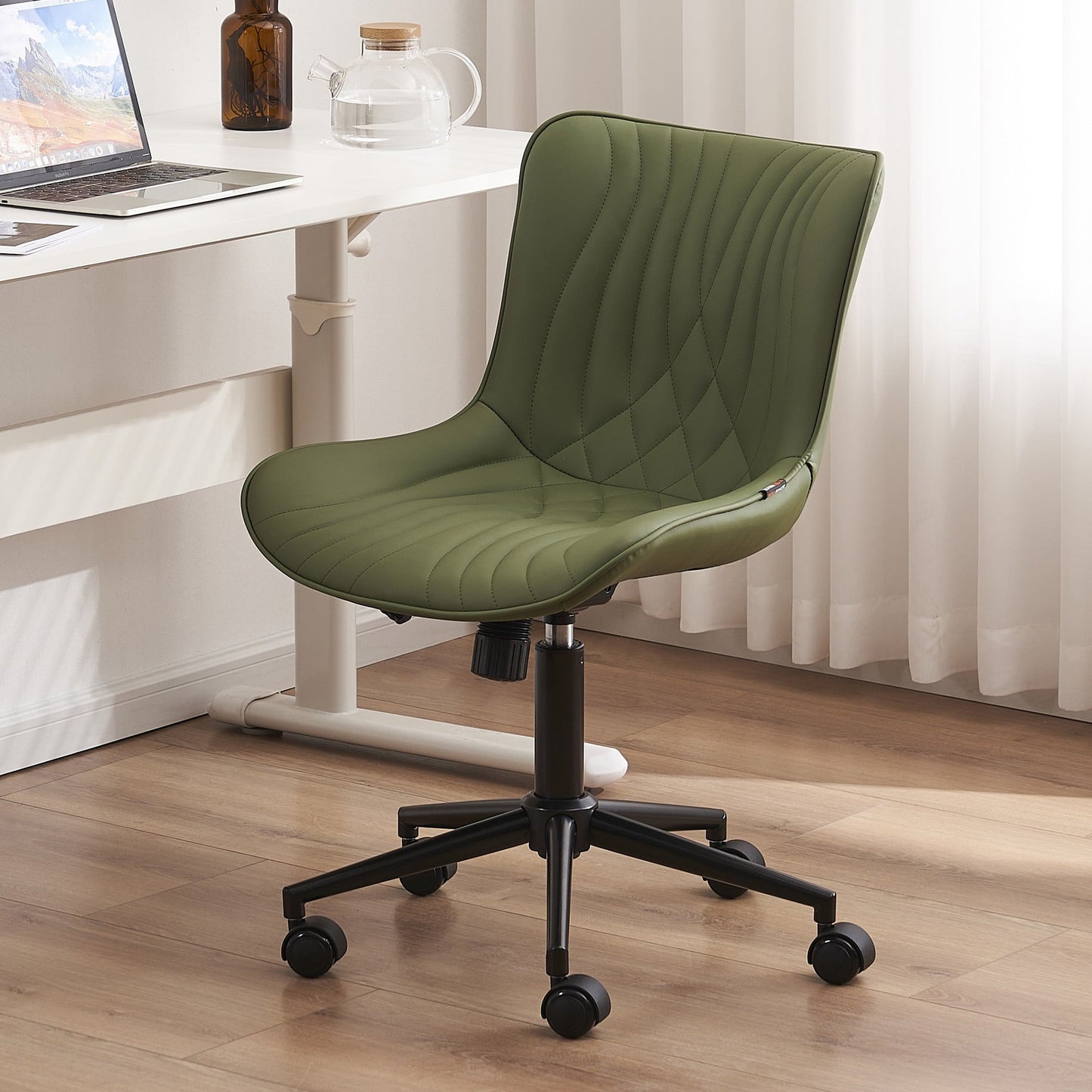 YOUNIKE Modern Office Chair with Wheels Adjustable Ergonomic Desk Task Chair in Mid-Back Dark Green PU Design