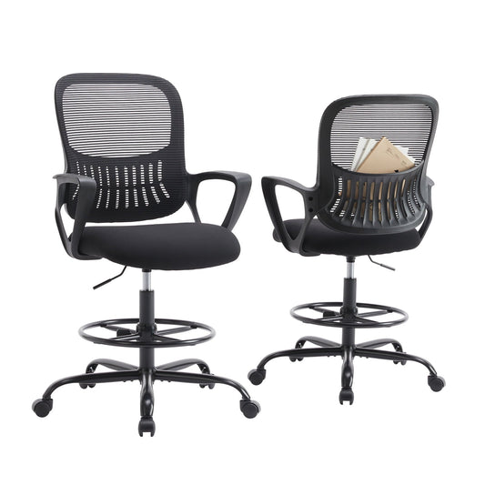 ZUNMOS Drafting Chair, Ergonomic Tall Office Chair with Storable Lumbar Support, Mid Back High Task Chair with Rolling Wheels for Standing Desk, Black