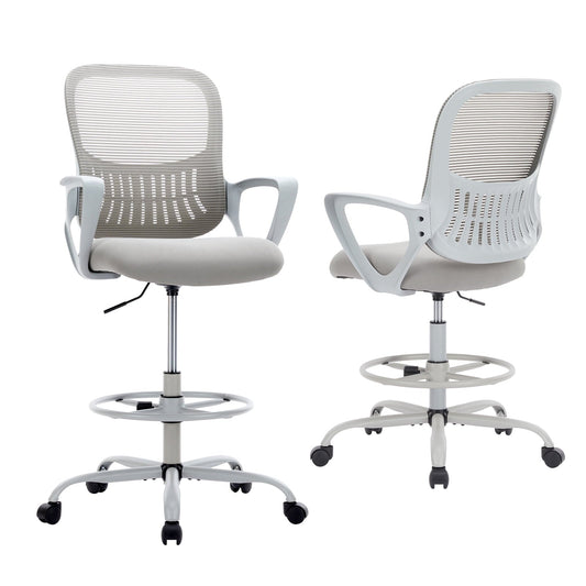 ZUNMOS Drafting Chair, Ergonomic Tall Office Chair with Storable Lumbar Support, Mid Back High Task Chair with Rolling Wheels for Standing Desk, Grey