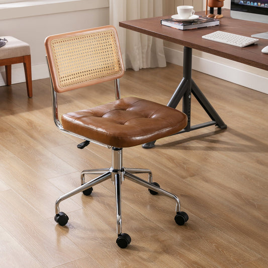 Zesthouse Mid Century Faux Leather Home Office Chair with Rattan Back, 360¡ã Swivel Upholstered Desk Chair on Wheels, Tufted Computer Task Chair for Living Room & Office Room, Brown