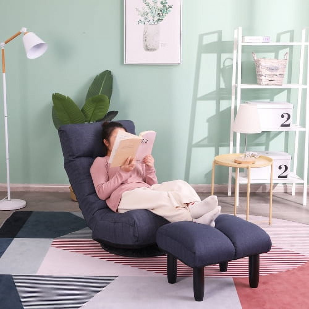 360-degree Swivel Gaming Chair, Folding Floor Chair with Adjustable Backrest, Cushion Padded Indoor Chaise Lounge with Stool, Lazy Sofa Couch Rocker Gaming Chair for Teens and Adults (Navy)