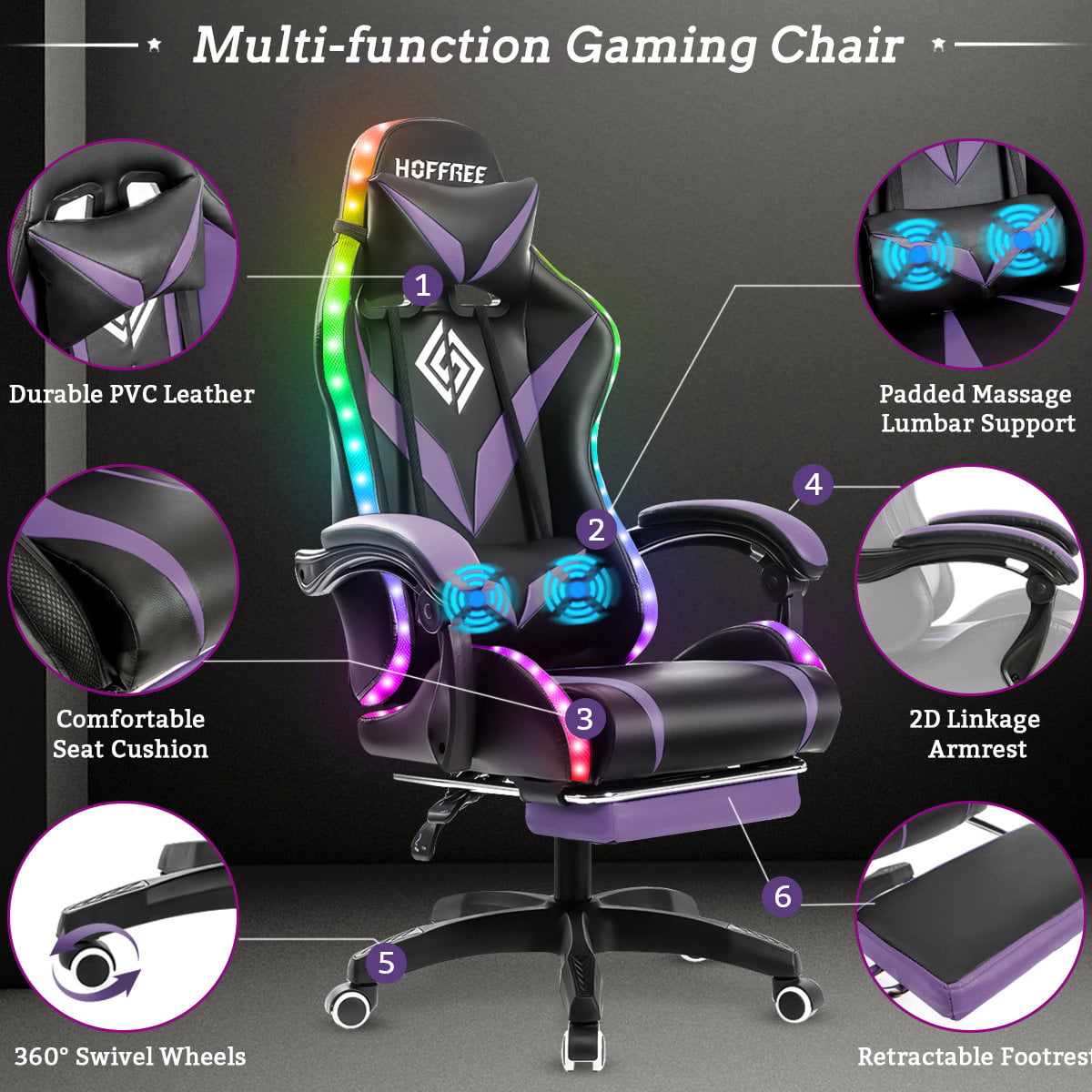 Geepro Ergonomic Gaming Chair with RGB LED Lights and Adjustable Footrest, Computer Game Chair Executive PU Leather Chair with Adjustable Headrest and Massage Vibration Lumbar Support, Linkage Armrest
