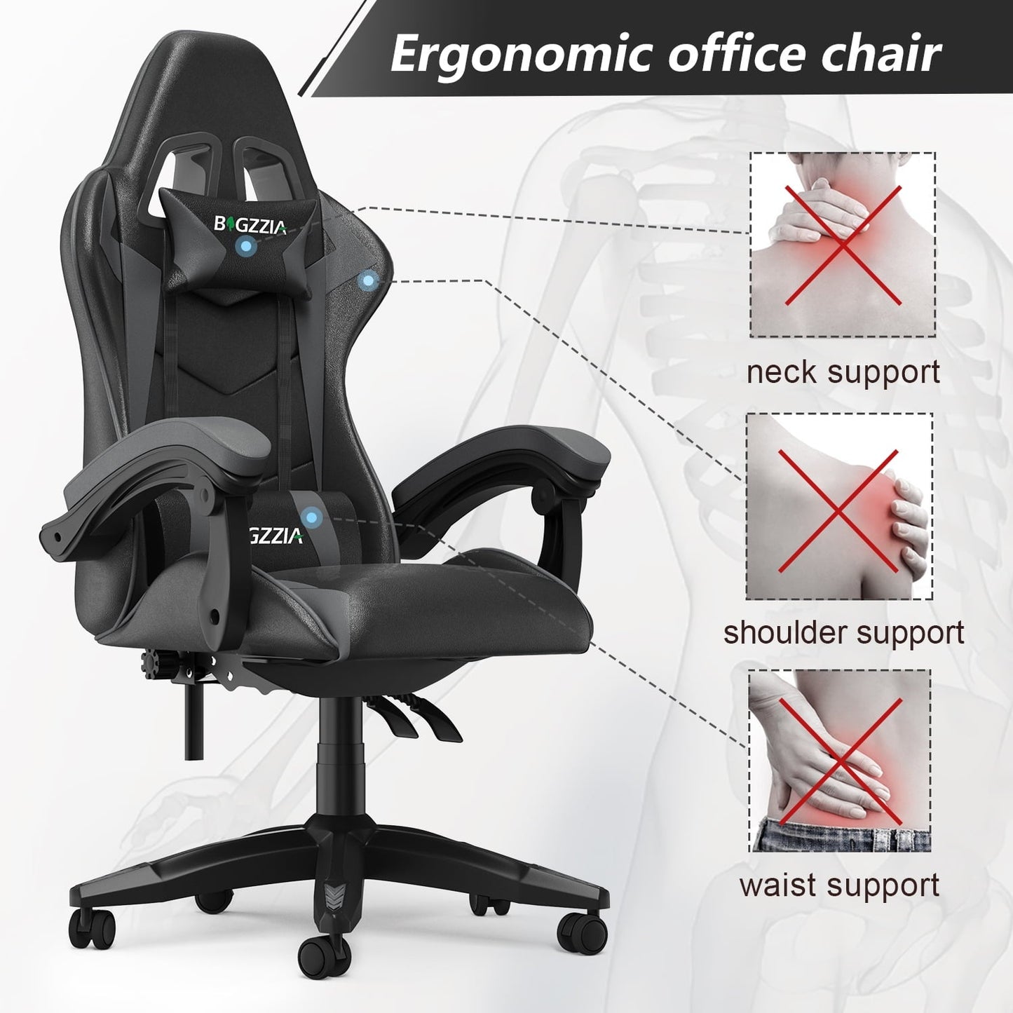 Bigzzia High-Back Gaming Chair PC Office Chair Computer Racing Chair PU Desk Task Chair Ergonomic Executive Swivel Rolling Chair with Lumbar Support for Back Pain Women, Men (Gray)