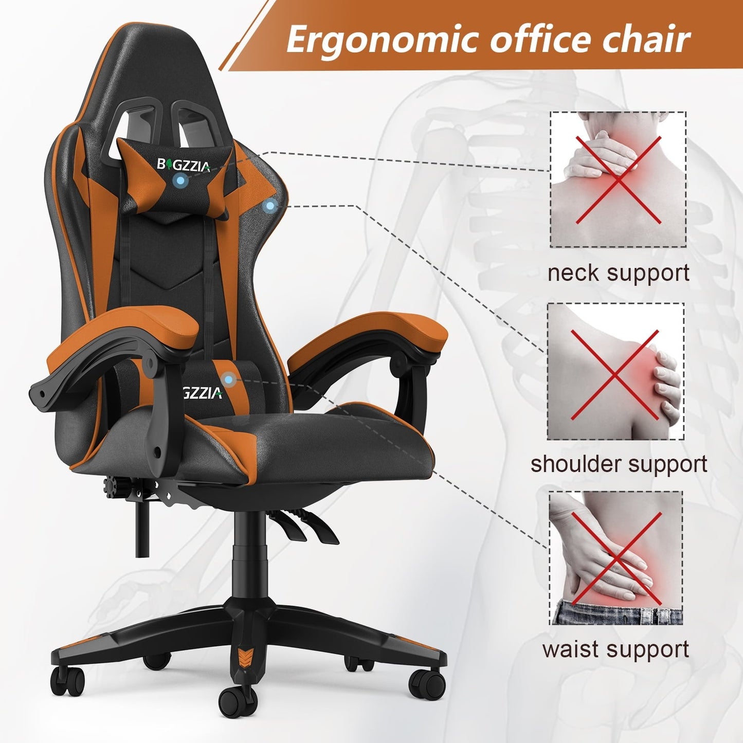 Bigzzia High-Back Gaming Chair PC Office Chair Computer Racing Chair PU Desk Task Chair Ergonomic Executive Swivel Rolling Chair with Lumbar Support for Back Pain Women, Men (Orange)
