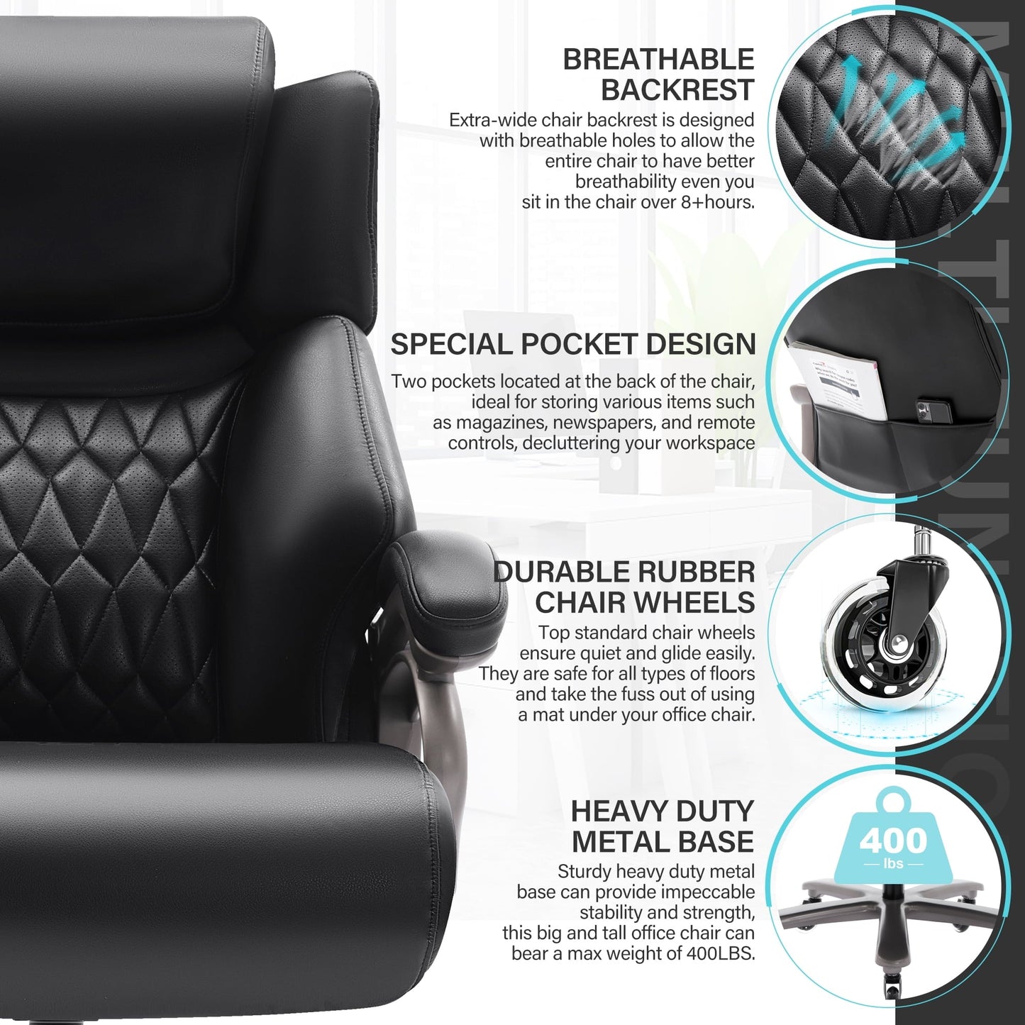 Big and Tall Office Chair 400lbs, Ergonomic High Back Computer Desk Chair, Heavy Duty Leather Executive Office Chair With Adjustable Lumbar Support, Metal Base, Quiet Rubber Wheels, Black