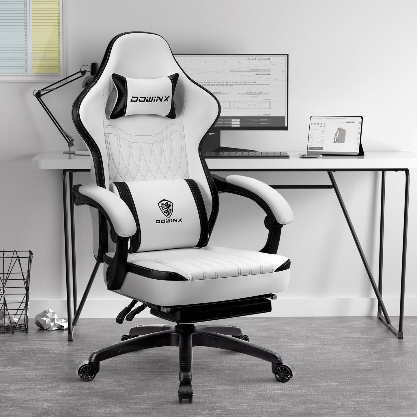 Dowinx Gaming Chair Breathable PU Leather Gamer Chair with Pocket Spring Cushion, Ergonomic Computer Chair with Massage Lumbar Support,Adjustable Swivel Task Chair with Footrest(Black&White)