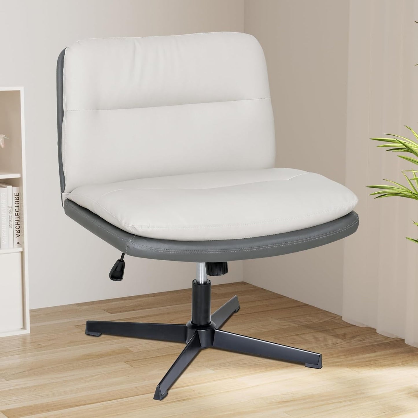 ELECWISH Armless Cross Legged Office Desk Chair No Wheels, PU Leather Cross Swivel Height Adjustable Mid Back Wide Seat Computer Task Vanity Chair for Home Office