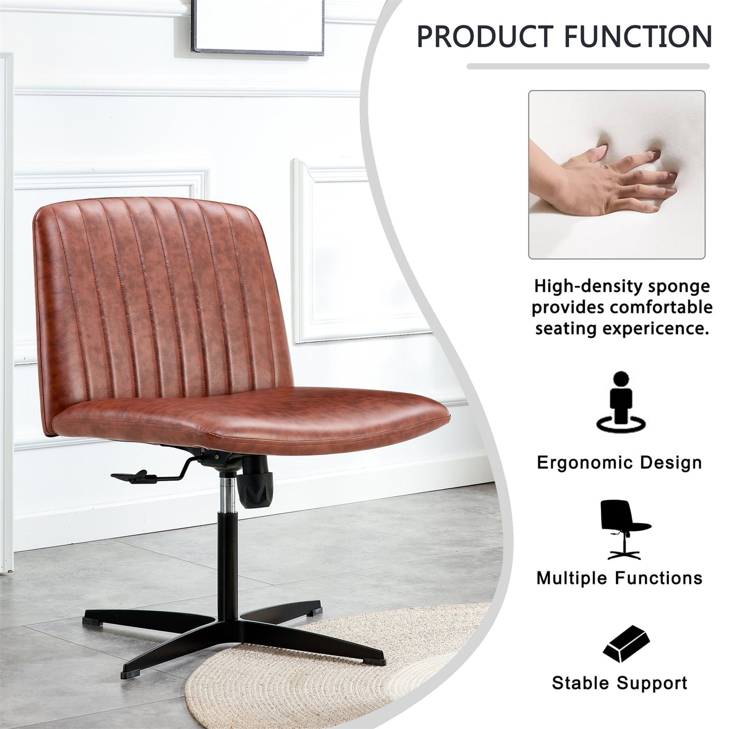 Swivel Office Chair, Height Adjustable Home Computer Desk Chair with Metal Base & No Wheels, Modern PU Upholstered Armless Vanity Chair Task Chair for Living Room Bedroom Office, Brown