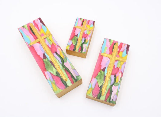 Handpainted Cross Wood Block - Bold Colors