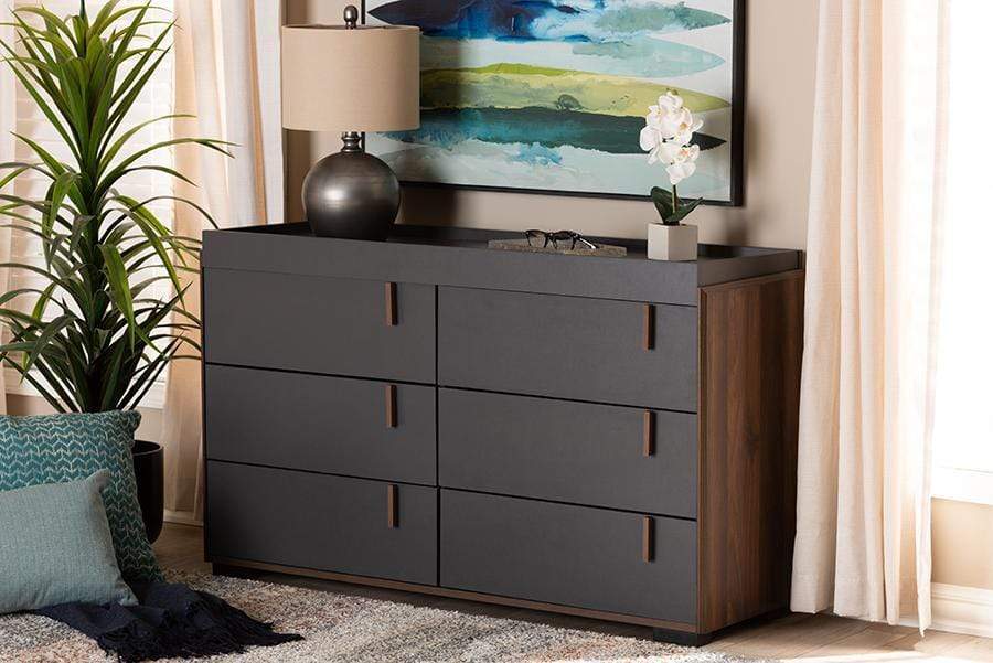 Rikke Modern and Contemporary Two-Tone Gray and Walnut Finished Wood 6-Drawer Dresser