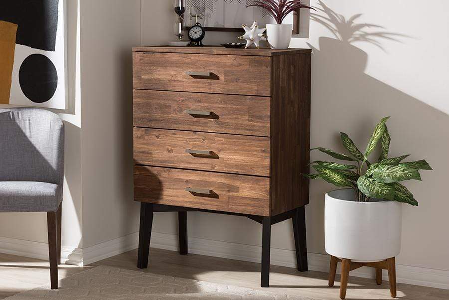 Selena Mid-Century Modern Brown Wood 4-Drawer Chest