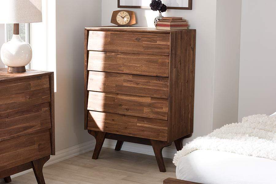 Sierra Mid-Century Modern Brown Wood 5-Drawer Chest