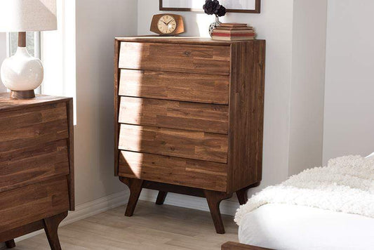Sierra Mid-Century Modern Brown Wood 5-Drawer Chest
