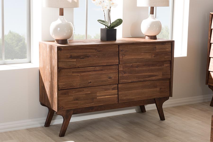 Sierra Mid-Century Modern Brown Wood 6-Drawer Dresser