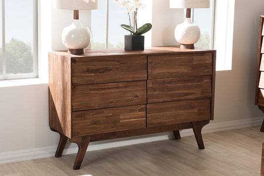 Sierra Mid-Century Modern Brown Wood 6-Drawer Dresser