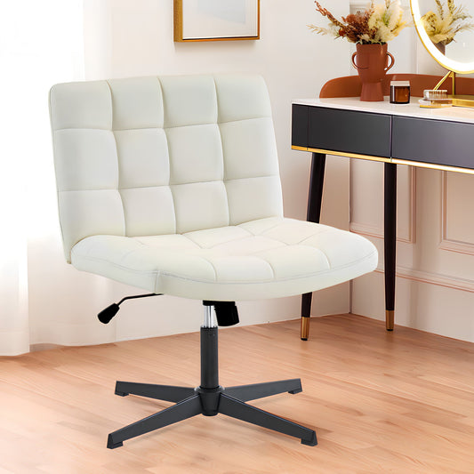 uhomepro Armless Office Chair with No Wheels, Modern Swivel Vanity Chair Height Adjustable Wide Seat Computer Task Chair, Mid-back Chair for Home, Office, Bedroom, Leather White