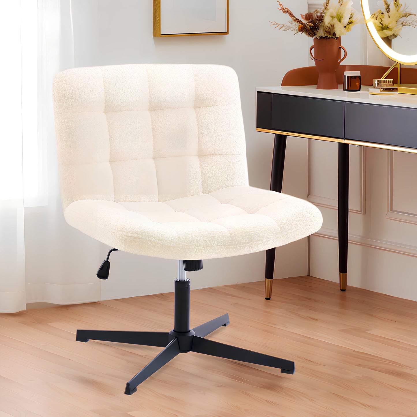 uhomepro Armless Office Chair with No Wheels, Modern Swivel Vanity Chair Height Adjustable Wide Seat Computer Task Chair, Mid-back Chair for Home, Office, Bedroom, Sherpa White