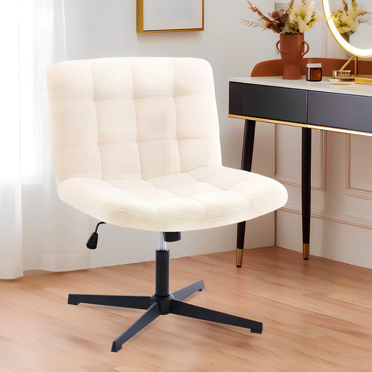 uhomepro Armless Office Chair with No Wheels, Modern Swivel Vanity Chair Height Adjustable Wide Seat Computer Task Chair, Mid-back Chair for Home, Office, Bedroom, Sherpa White